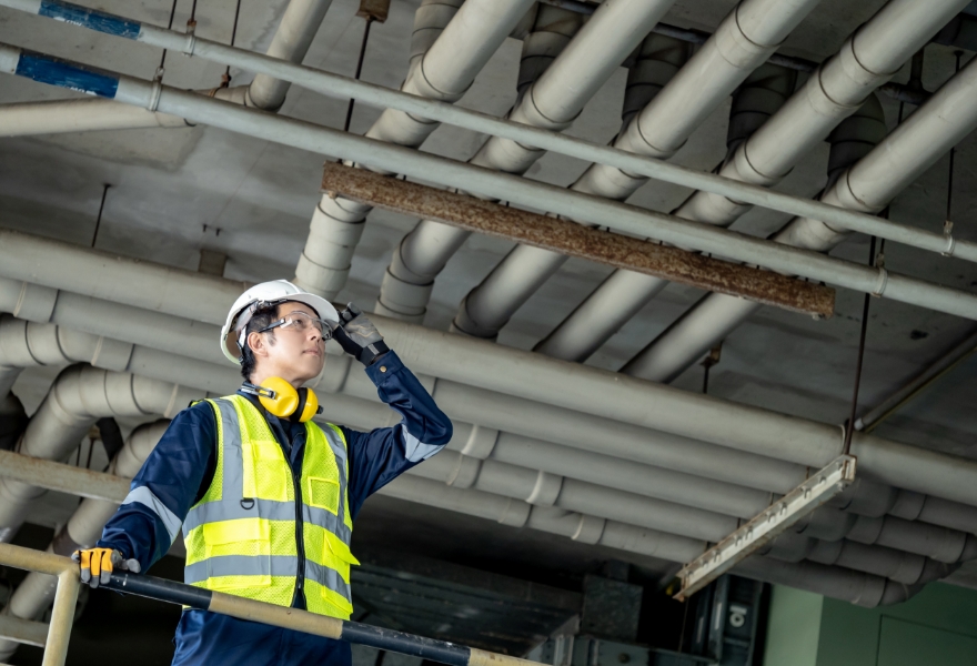 事業内容「機械器具設置工事」のイメージ。ヘルメットと反射ベストを着用した作業員が、天井の配管設備を点検している様子。
