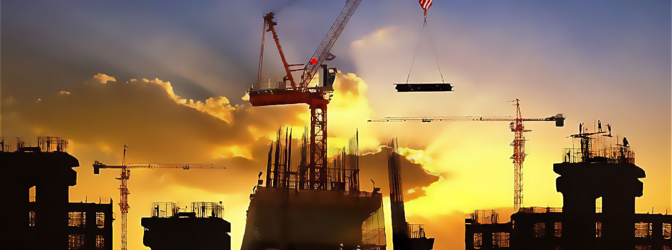 夕日を背にした建設現場で、高層クレーンが鉄骨を吊り上げる様子。建設中の複数の建物が影になって浮かび上がっている。